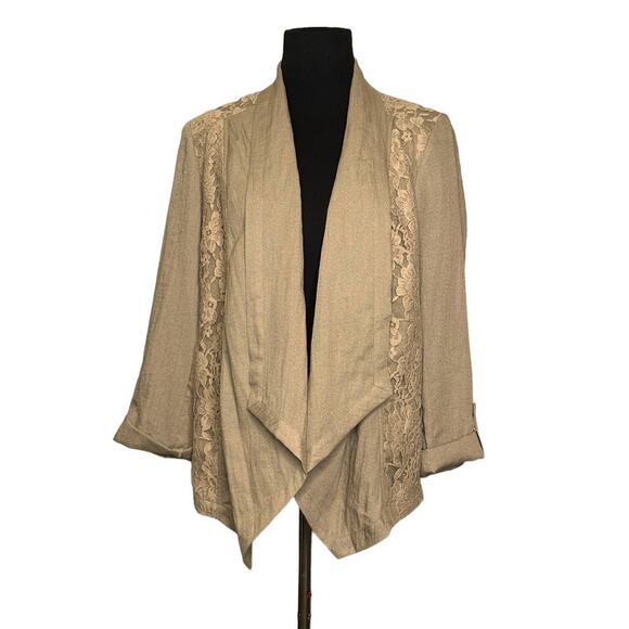 Chicos Beige Open Front Lace Panels Tabbed Sleeves Blazer size 0 - small - Picture 1 of 9